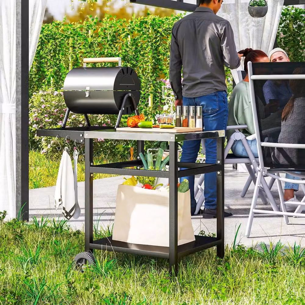 FORGEVIO Black Charcoal BBQ Trolley with Foldable Side Table and Stainless Steel Accents – 4