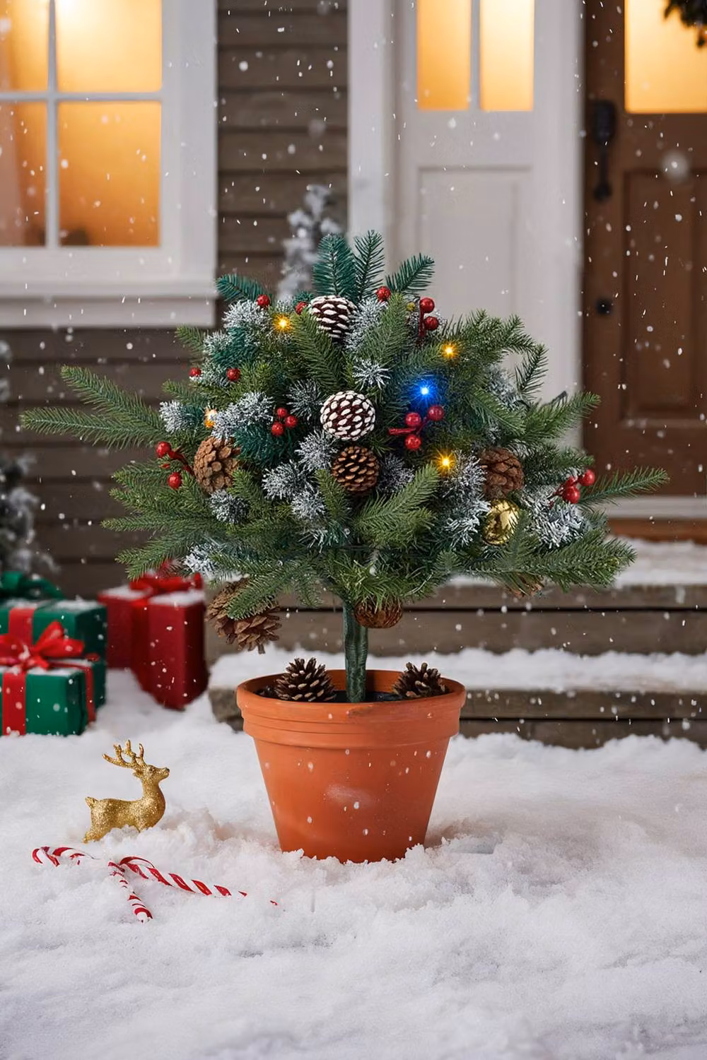 Living and Home Pre-Lit Artificial Christmas Planter Bushes in Green, White and Multicolour – 2