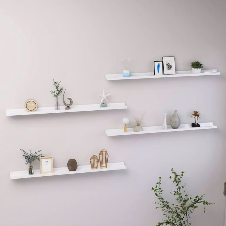 Berkfield Home Set of 4 High Gloss White Wall Mounted Shelves, W/D/H: 100 x 9 x 3 cm