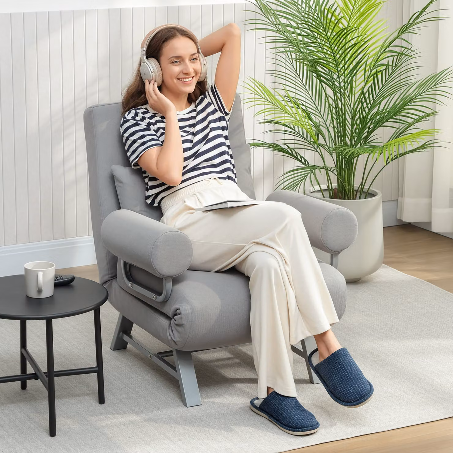 HOMCOM 3-in-1 Convertible Single Sofa Bed with Adjustable Backrest and Removable Armrests, Grey – 2