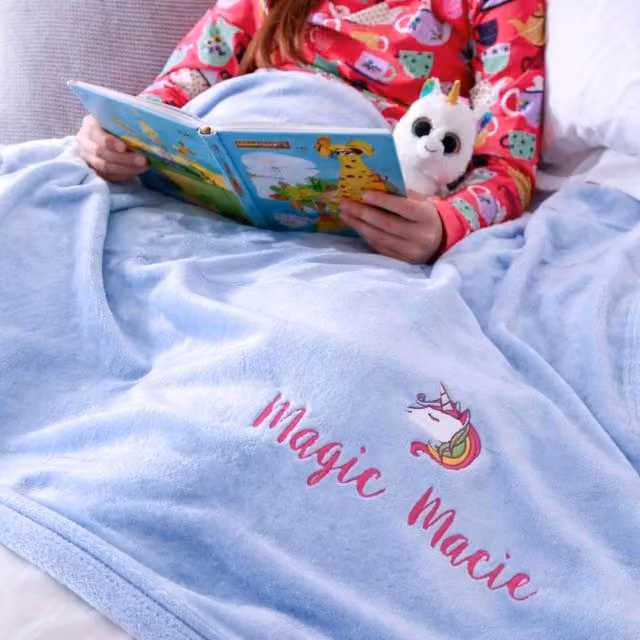 Duncan Stewart Personalised Children's Ultra Soft Unicorn Blanket in Blue, W: 140 cm, H: 180 cm