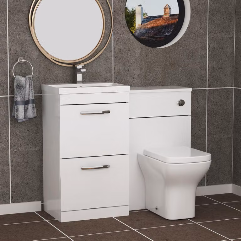 Royal Bathrooms Turin 1000mm Gloss White 2-Drawer Mid-Edge Basin and Qubix Back to Wall Toilet Pack