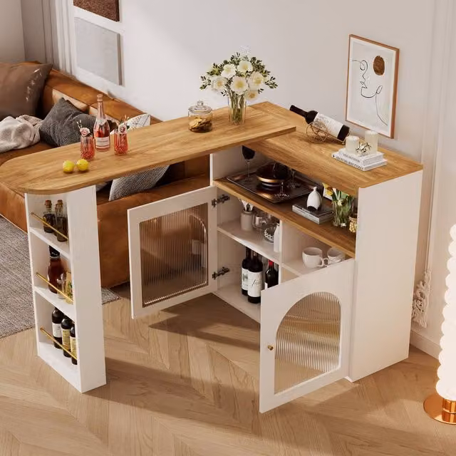 Rolipo Extendable Swivel Kitchen Island Bar Table with LED Storage in White