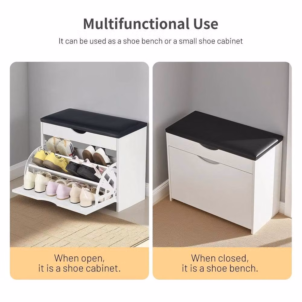 SPETLEK Shoe Bench Hallway Storage Cabinet with Synthetic Leather Cushion Seat in White, W: 100 cm, D: 60 cm – 2
