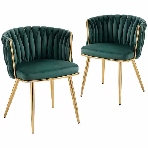 HOMCOM Set of 2 Modern Velvet Upholstered Armchairs with Metal Legs in Green and Gold