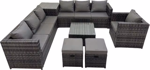 Fimous 9 Seater L-Shape Rattan Garden Furniture Set in Dark Grey with Upholstered Cushions, Coffee Table and Ottoman