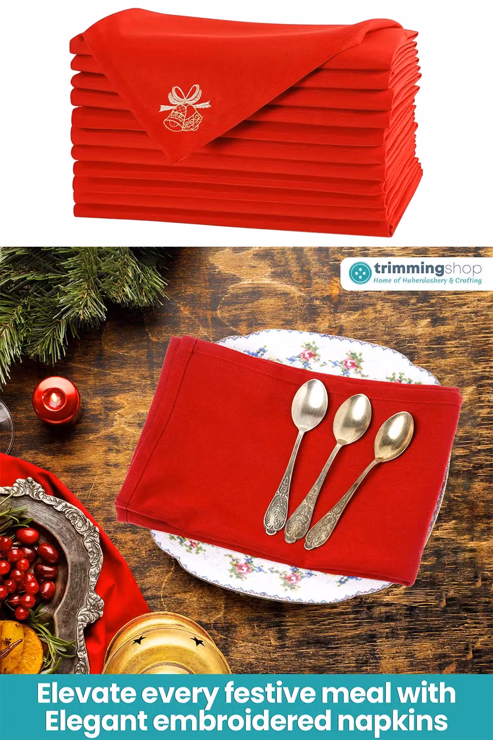 Neel Blue Red Christmas Table Napkin with Jingle Bell Embroidery, W/D/H: 50.8 x 50.8 x 50.8 cm – 4