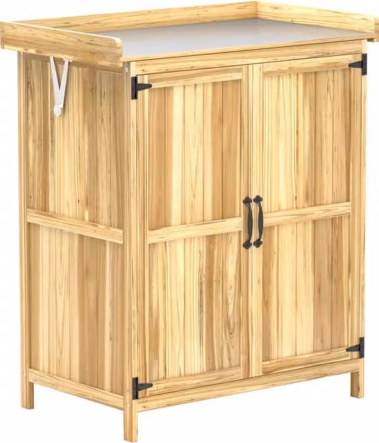 Outsunny Rustic Fir Wood Shed with Metal Worktop, Brown, W: 43 cm, D: 43 cm, H: 74 cm