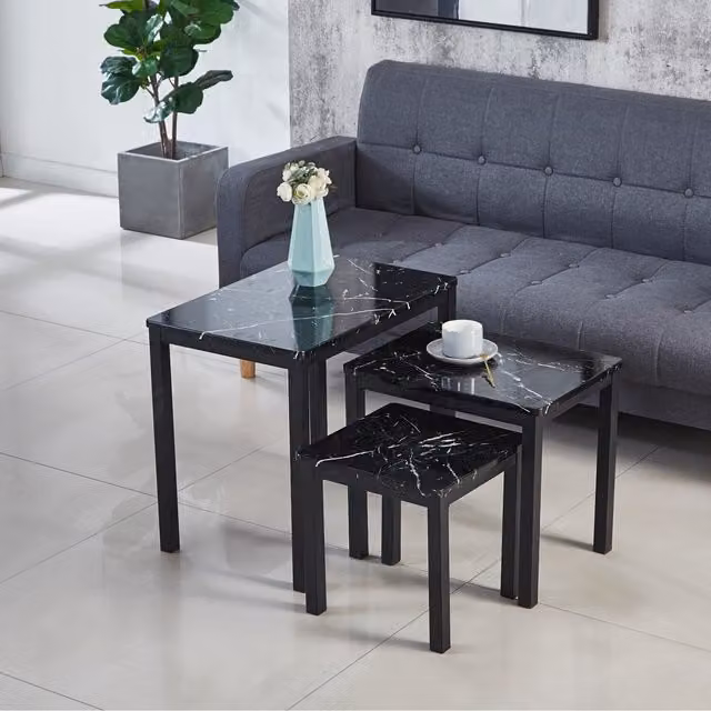 Modernique Emillia Nest of 3 Tables Set in Black Marble Effect MDF