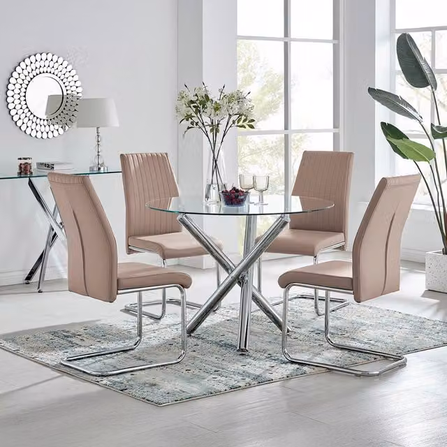 FurnitureboxUK Selina Round Glass and Chrome Dining Table and Lorenzo Chairs Set in Beige
