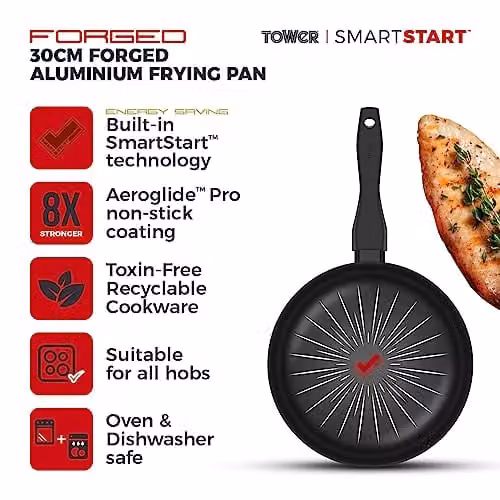 Tower SmartStart Forged Aluminium Non-Stick Frying Pan, Black, 32cm – 6