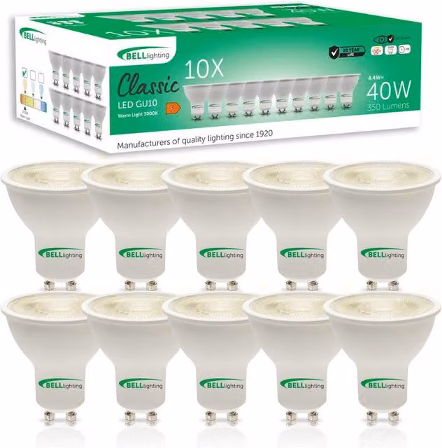 BELL Lighting GU10 LED Reflector Bulbs, Warm White 3000K, 4.4W, 350lm, Pack of 10