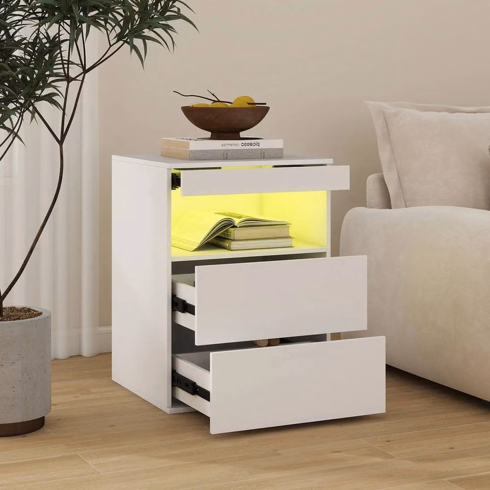 EONLION Modern White 3-Drawer Bedside Table with Integrated LED Lighting, Width: 100 cm – 3