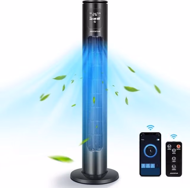 Aigostar Smart Tower Fan in Black with Remote Control, Oscillation and Timer