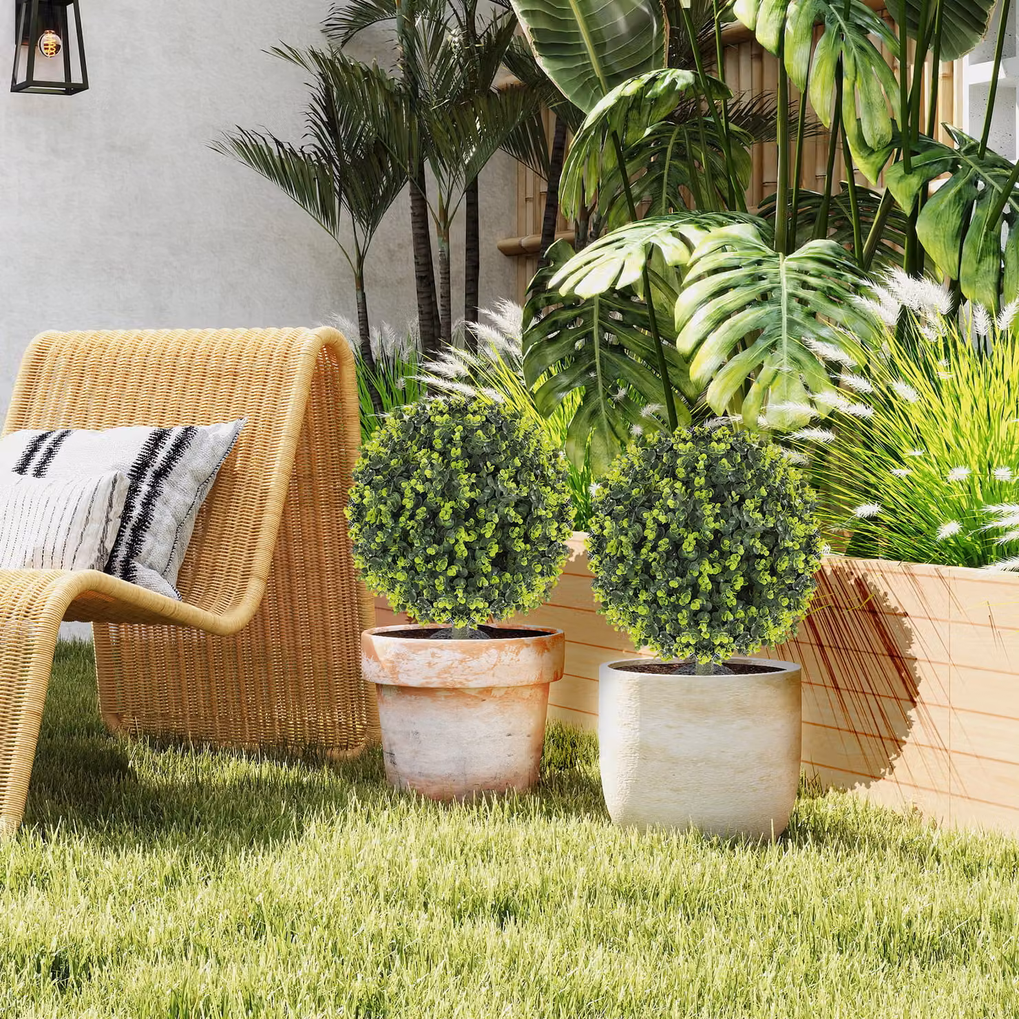 HOMCOM Set of 2 Green Artificial Boxwood Topiary Ball Bushes with Integrated Ground Stakes, UV Resistant Faux Greenery for Indoor and Outdoor Use, Diameter: 40 cm – 8