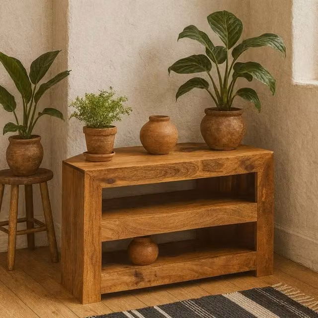 Wyld Haus Manila Corner TV Unit in Brown Light Mango Wood with Two Open Shelves W/D/H: 65 x 54 x 65 cm – 1