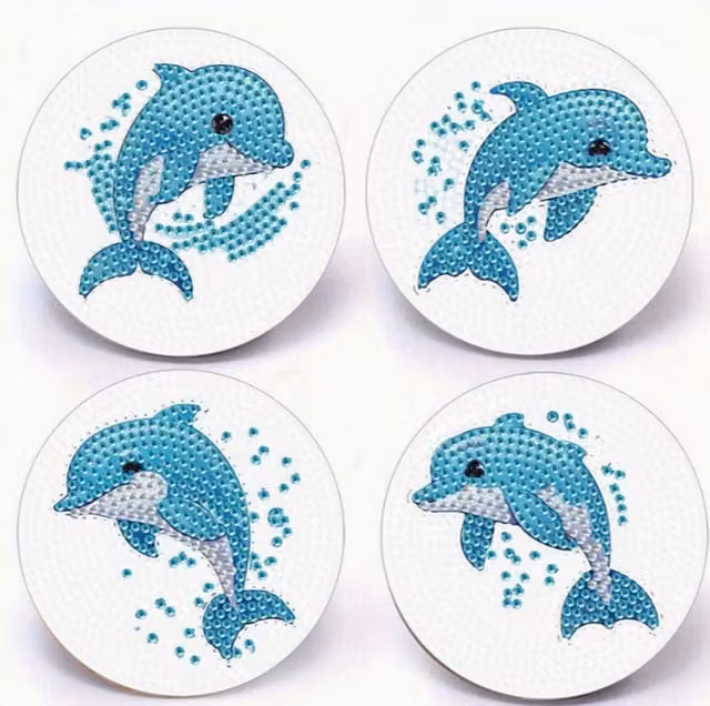 Syntego Pack of 4 Dolphin Diamond Art Coasters in Multicolour and Blue
