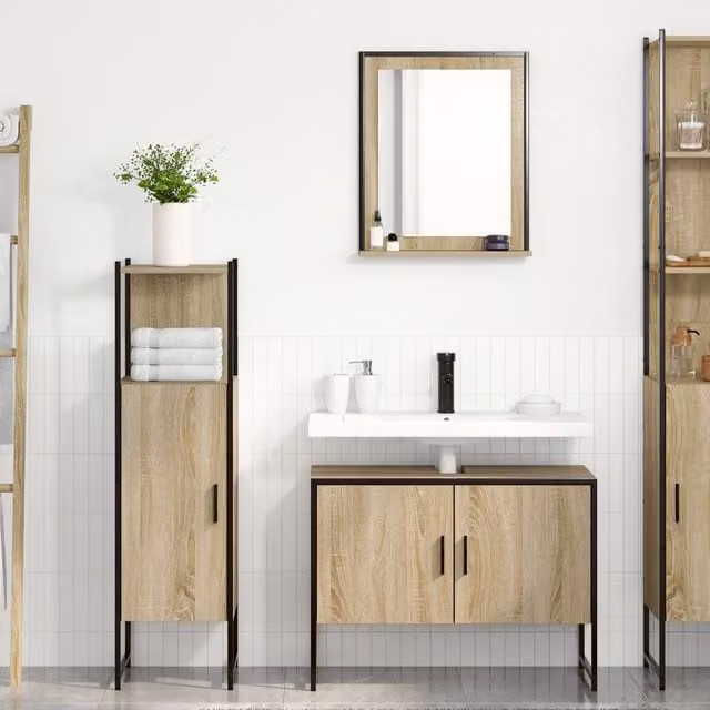 Berkfield Home 3 Piece Modern Bathroom Furniture Set in Brown Sonoma Oak Engineered Wood – 1