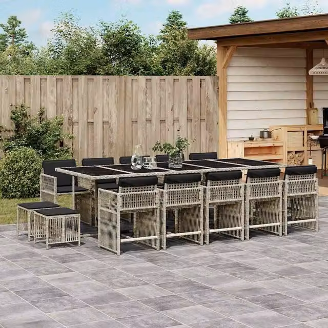 Berkfield Home 15 Piece Grey Poly Rattan Garden Dining Set with Cushions and Glass Table – 1
