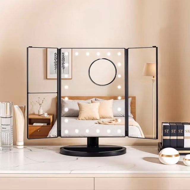 Livingandhome Tri-Fold Makeup Mirror with LED Lights, Black