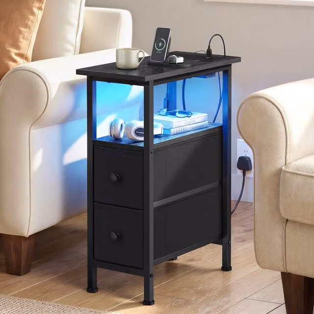 SONGMICS Modern Black Side End Table with Integrated LED Lighting and Charging Station