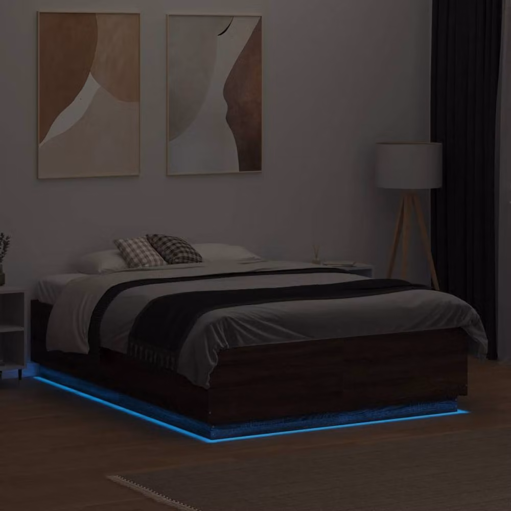 Berkfield Home Durable Double Bed Frame with Under-Bed LED Lighting in Brown Oak, W/D/H: 135 x 190 x 40 cm – 4