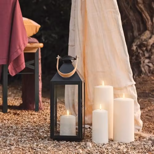 Lights4fun Brixham Regular Leather Effect Handle Lantern in Black with TruGlow Pillar Candle and Remote Control – 3