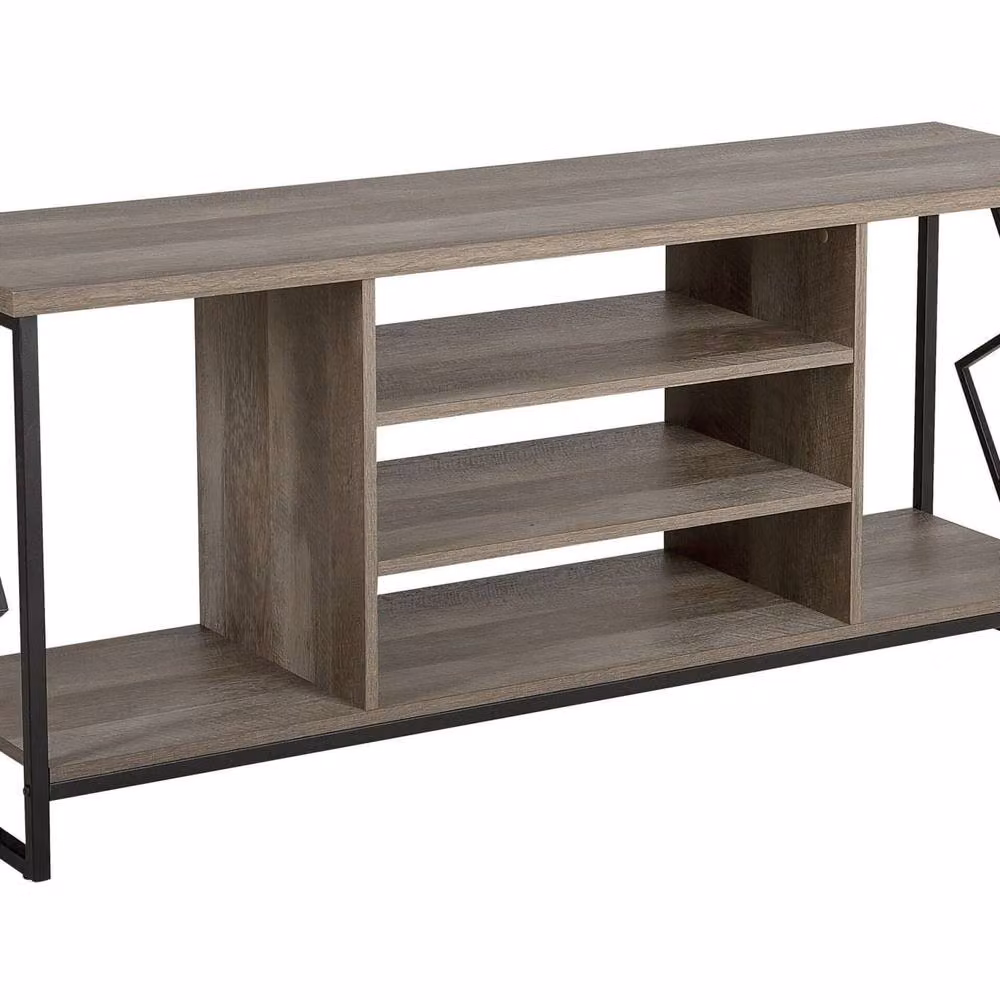 Wyld and Coco Industrial TV Stand in Dark Brown with Open Shelves and Metal Frame – 2