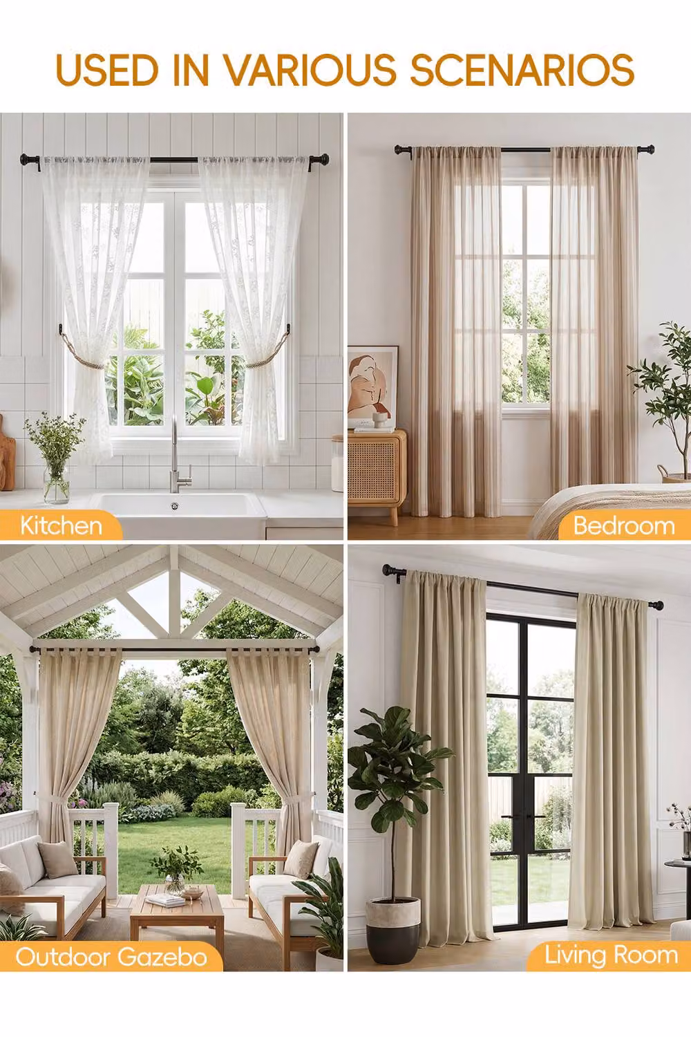 Living and Home Glossy Black Aluminium Telescopic Curtain Rod with Brackets – 5