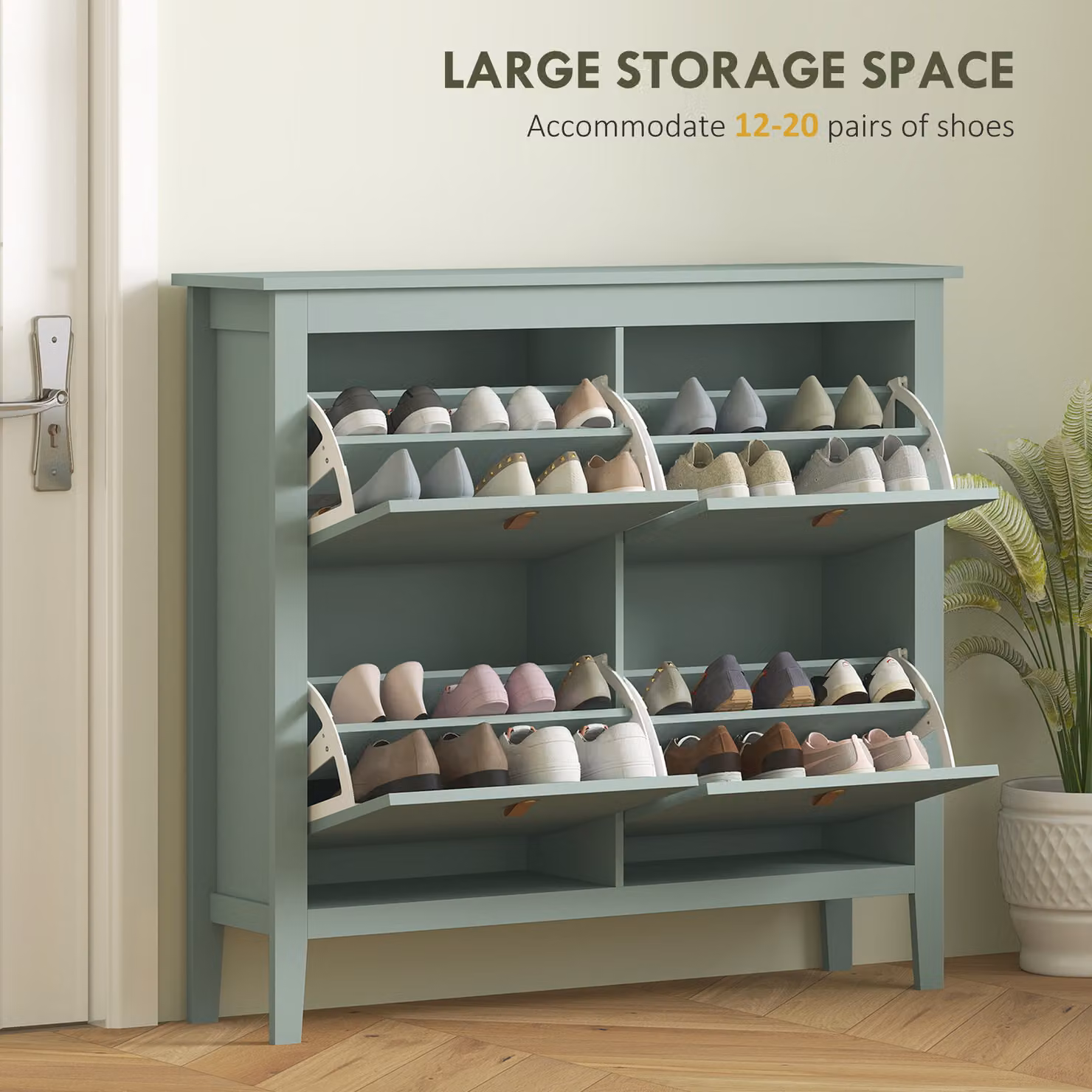 HOMCOM Modern Green Freestanding Shoe Cabinet with Tilting Compartments and Internal Shelves H 105.0 x W 95.5 x D 23.0 cm – 3