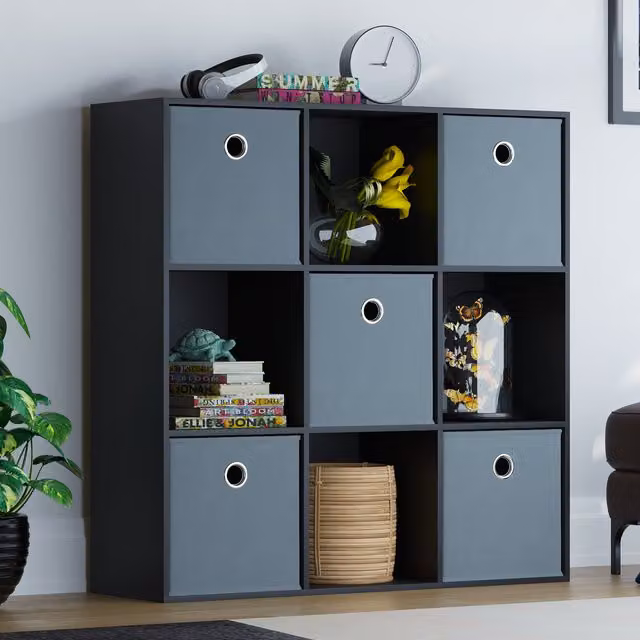 Vida Designs Durham 9 Cube Storage Unit with 5 Grey Baskets and Back Panel in Black