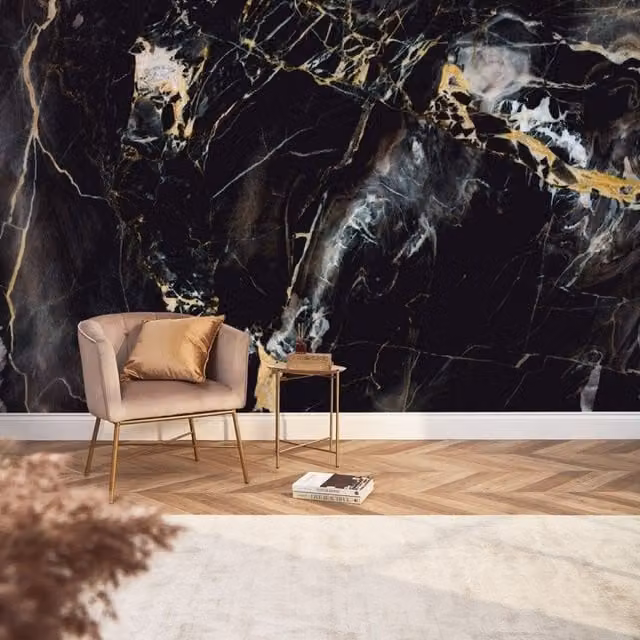 I Love Wallpaper Dark Marble Effect Abstract Mural Wallpaper in Black, Gold, White and Grey, 350cm