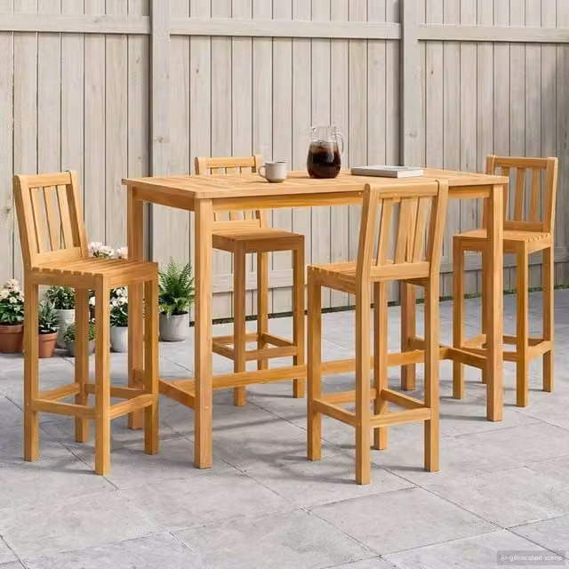 Berkfield Home 5-Piece Outdoor Bar Set in Brown Lacquered Natural Solid Teak Wood