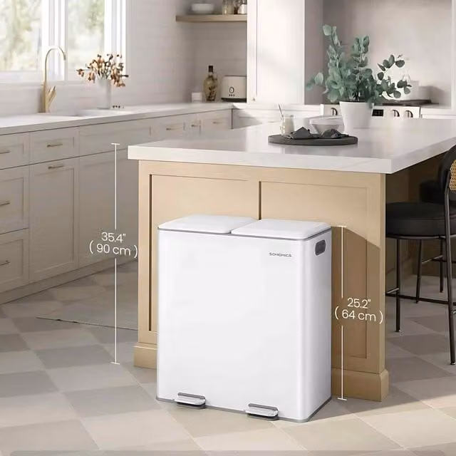The Bazaarist Double Kitchen Recycling Pedal Bin, White, with Soft Close and Removable Inner Buckets, W/D/H: 64 x 40 x 90 cm