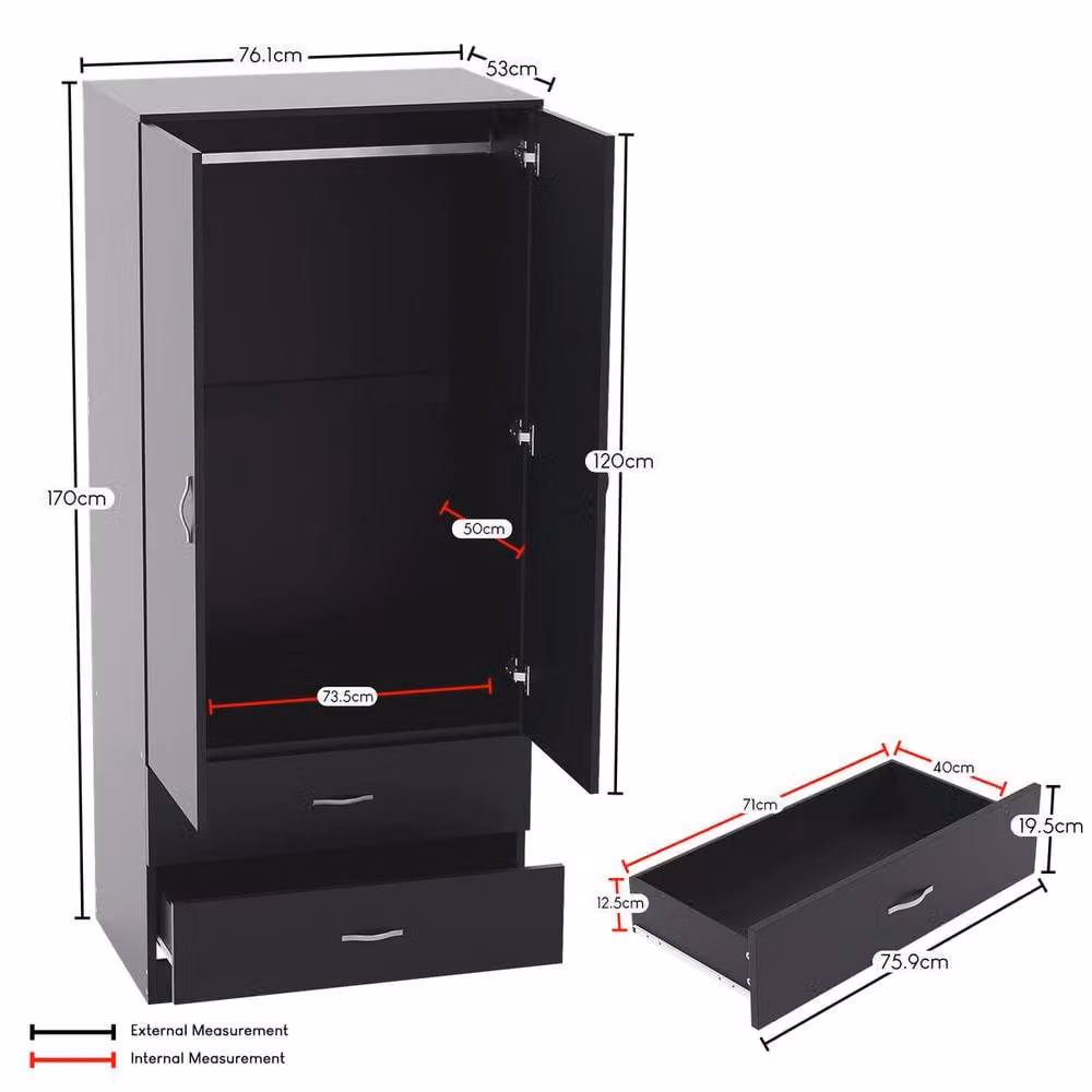 HD Designs Riano Modern 2 Door 2 Drawer Wardrobe in Matt Black – 3