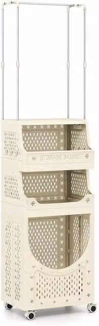 Havendro 4 Tier Folding Laundry Cart with Hanging Bar and Wheels, Beige