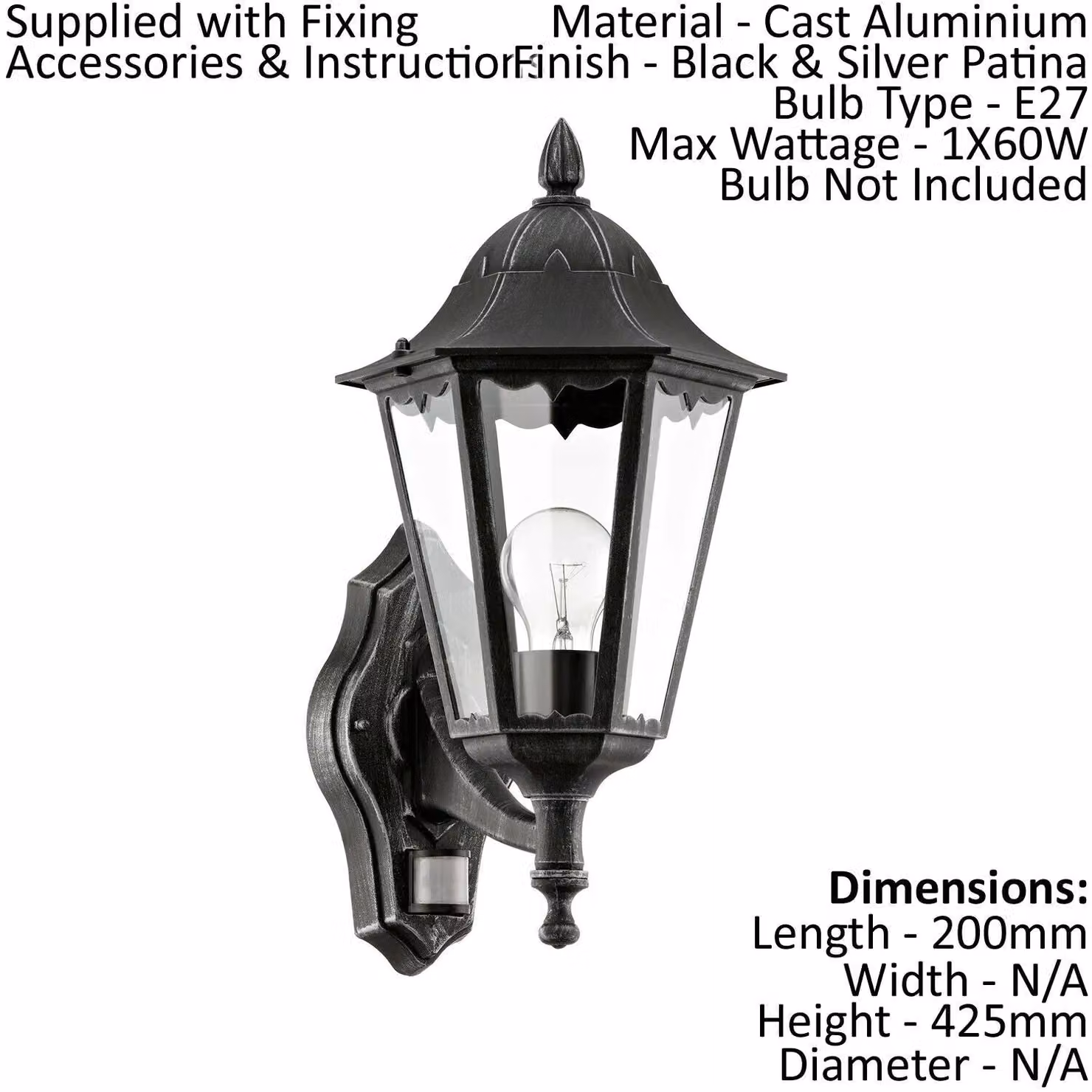 Loops IP44 Outdoor Wall Lantern with PIR Motion Sensor in Black and Silver Patina, Aluminium Construction, E27 Bulb Compatible – 2