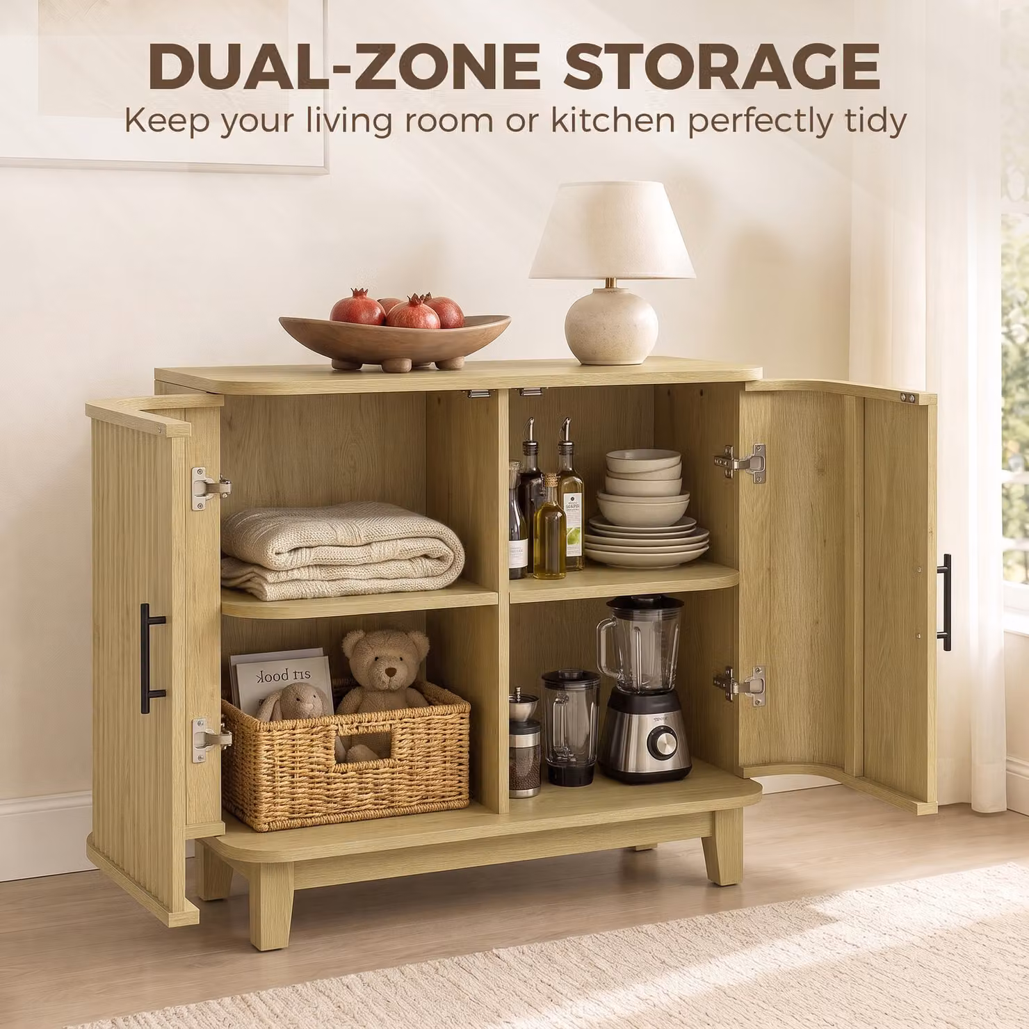 HOMCOM Oak Sideboard Buffet Cabinet with 2 Curved Doors and Adjustable Shelf for Dining Room or Living Room, W: 80 cm, H: 72.5 cm, D: 40 cm – 3
