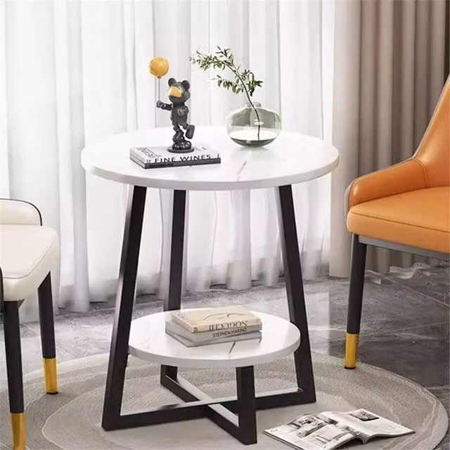 Nordara 2-Tier Round White Marble Effect Coffee Table with Glossy Metal Legs