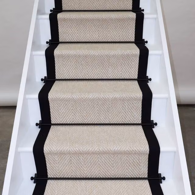 RainbowHome New England Ivory Herringbone Stair Runner with Black Cotton Border, W: 55 cm x L: 700 cm – 1