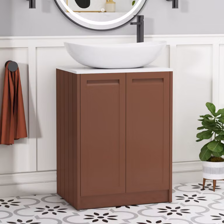 Royal Bathrooms Elmore 600mm Terracotta Clay Floor Standing 2 Door Vanity Unit with White Worktop and Cesar Basin