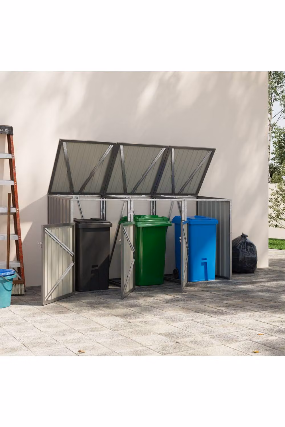 Living and Home Metal 3-Bin Storage Shed in Grey, W/D/H: 242.5 x 81.5 x 116.5 cm – 2