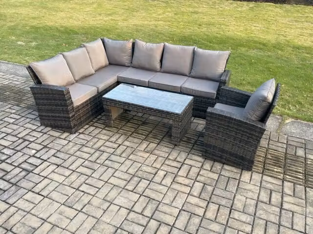 Fimous 7 Seat Rattan Garden Furniture Corner Sofa Set with Table in Dark Grey
