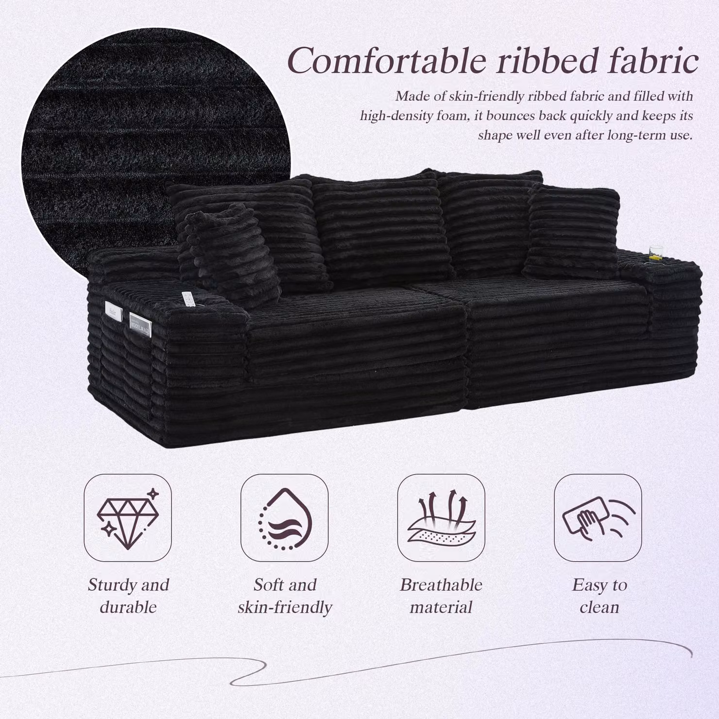 Aosom UK Black Ribbed Corduroy Convertible Sofa Bed with High Backrest, Extra Pillow and Dual Side Pockets, W/D/H: 107.5 x 38.5 x 34 cm – 7