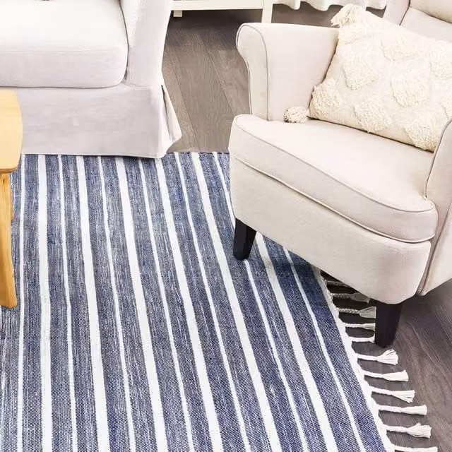Wyld and Coco Blue Striped Handwoven Indoor and Outdoor Area Rug, W: 160 cm, D: 230 cm