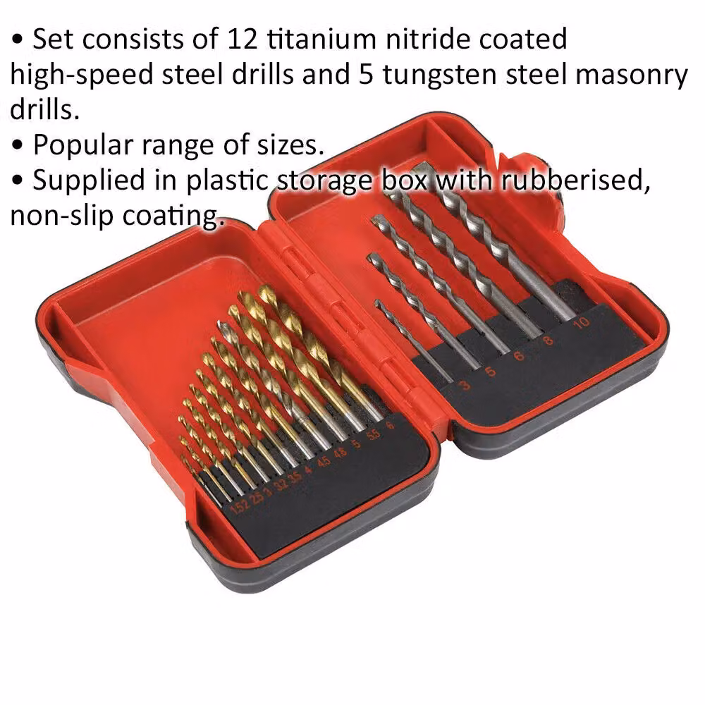 Loops 17 Piece Drill Bit Set with 12 Titanium Coated HSS and 5 Tungsten Steel Masonry Bits in Multicolour – 2