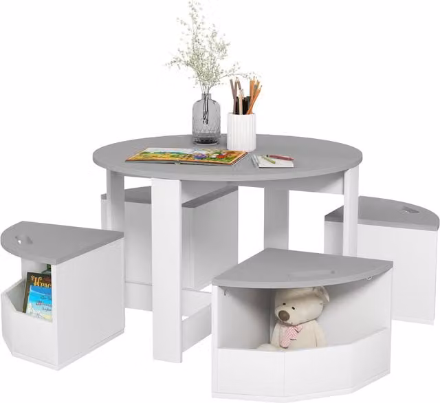 AIYAPLAY 5-Piece Kids Table and Chairs Set with Storage for Toddlers Aged 3-8 Years, Grey