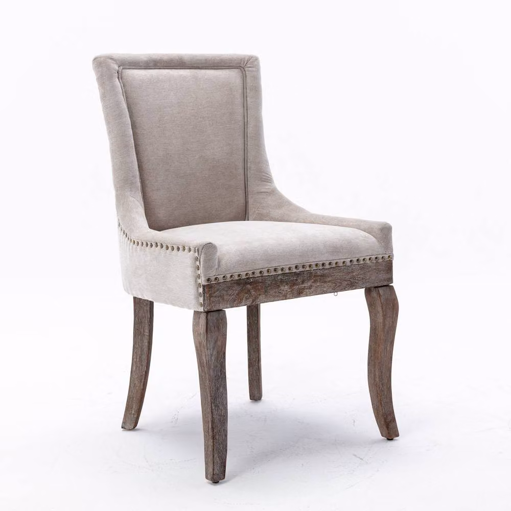 HomeTouch Bewley Set of 4 Plush Linen Upholstered Dining Chairs in Beige and Grey with Oak Wood Legs – 3