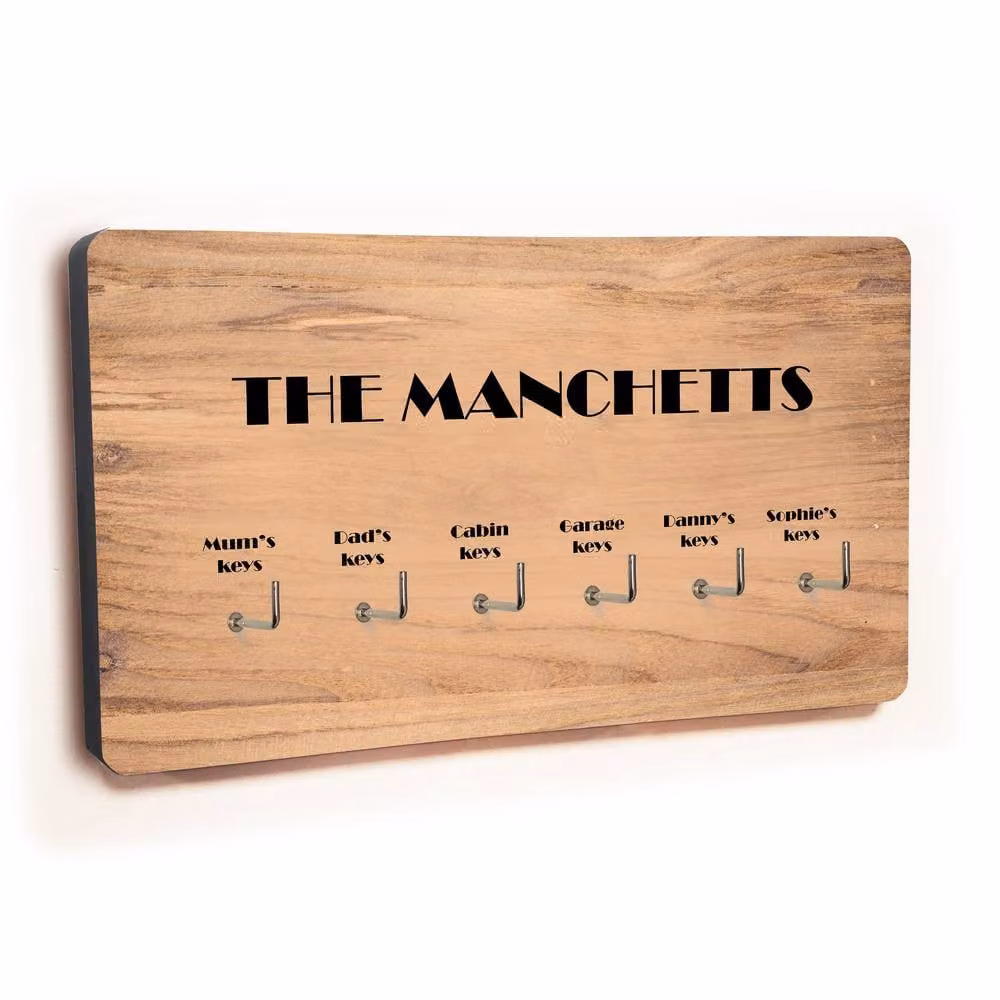 Uniqueful Personalised Wood Key Holder with 6 Hooks in Brown, W: 100 cm x H: 40 cm