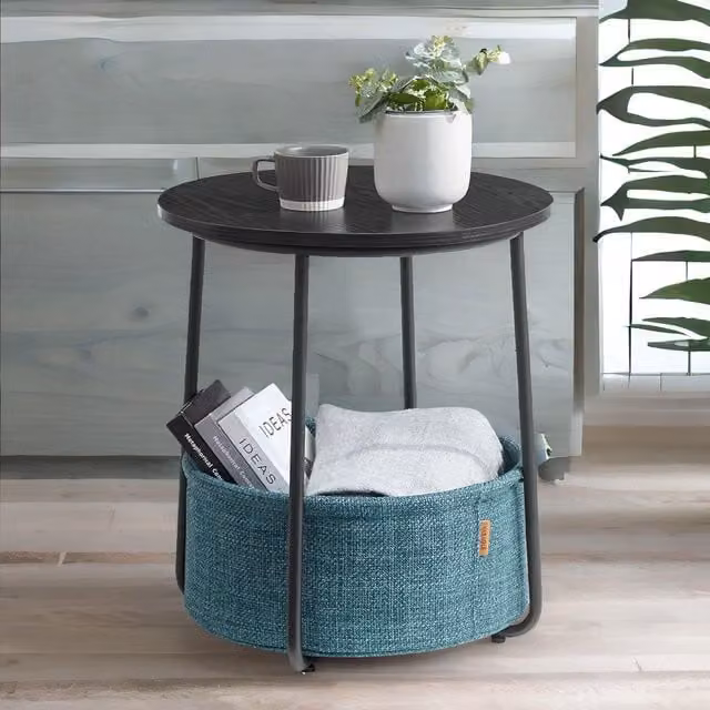 FURNOS Round Side Table with Removable and Washable Storage Basket in Cream, W/D/H: 45 x 45 x 50 cm